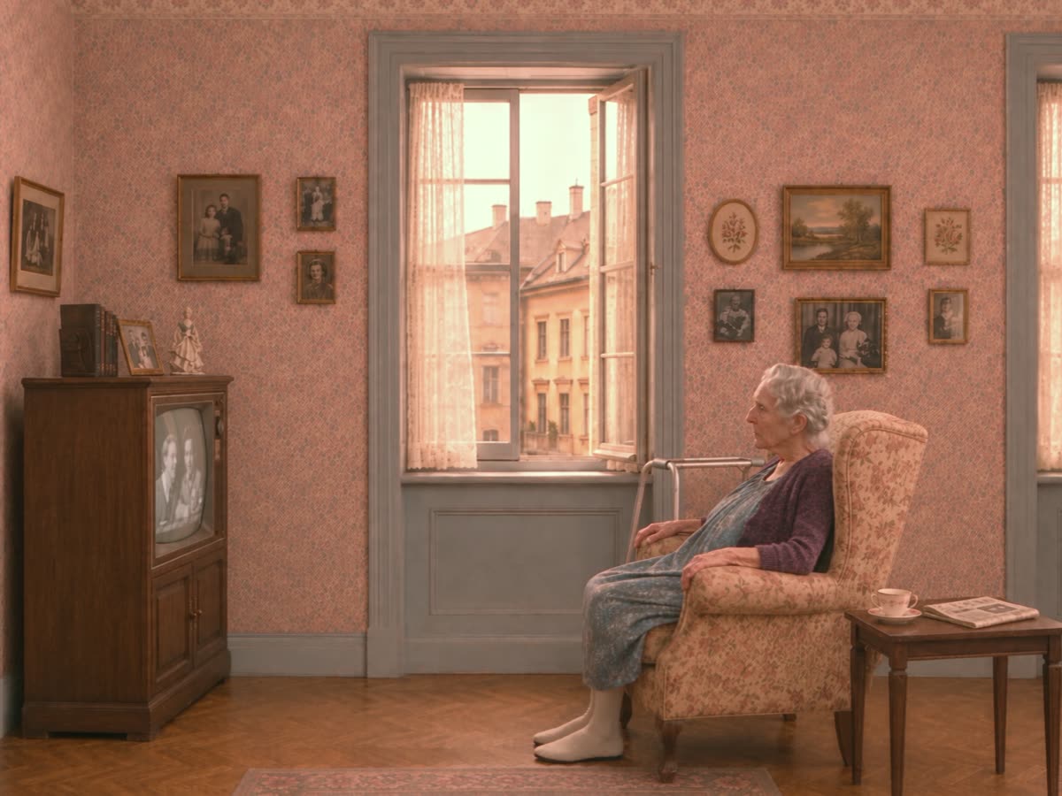 Still from Wrong Apartment: an elderly woman sits in an armchair by the window, unbothered